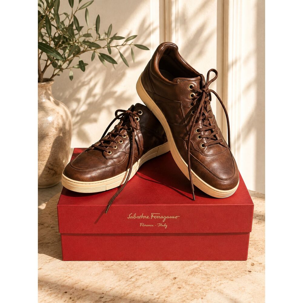 Salvatore Ferragamo Nadir Men’s Leather Sneakers Brown Tobacco Size 10 EE Box